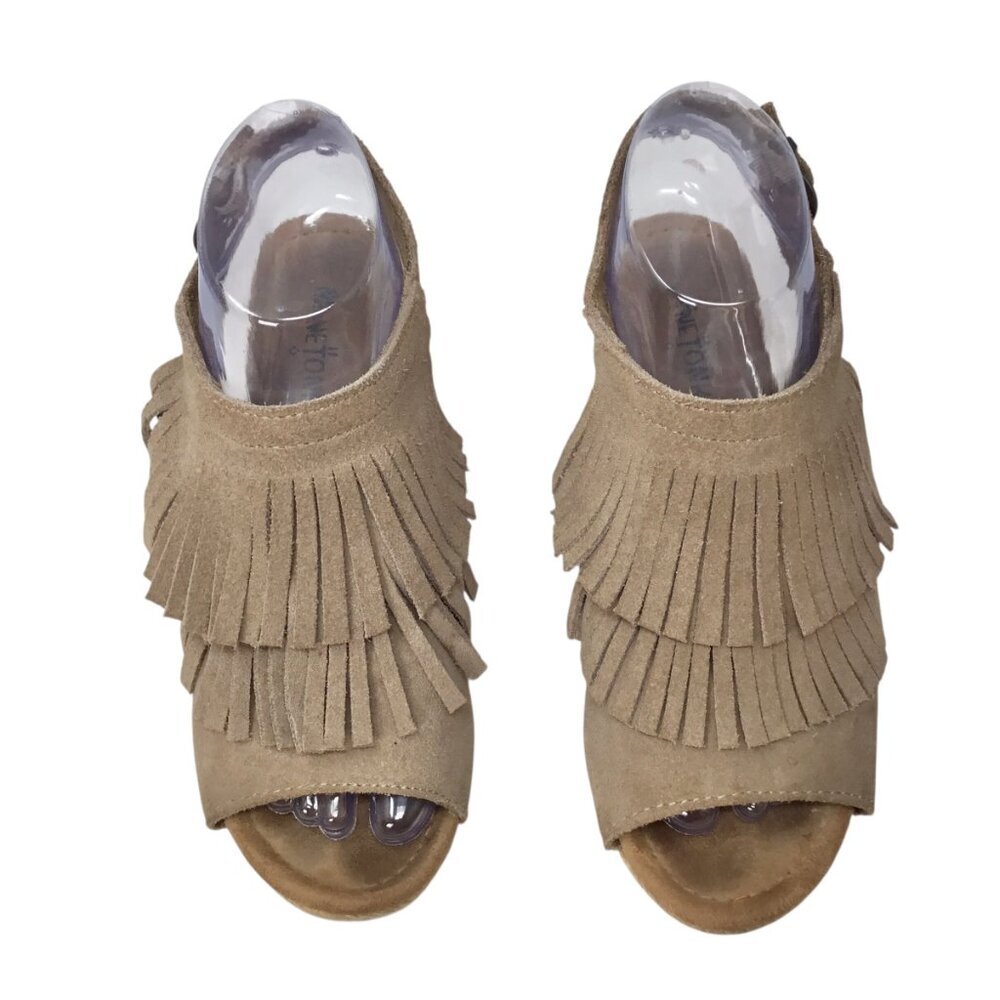 Minnetonka Ashley Fringe Sandals Wedge Nude Beige Sz 7 Fringed 71311 Espadrille - Picture 2 of 7